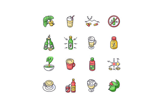 Energy drinks and caffeine RGB color icons set