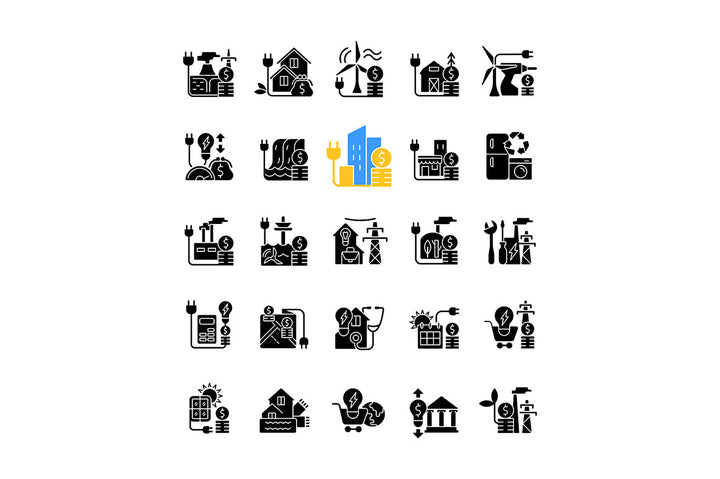 Energy purchase black glyph icons set on white space