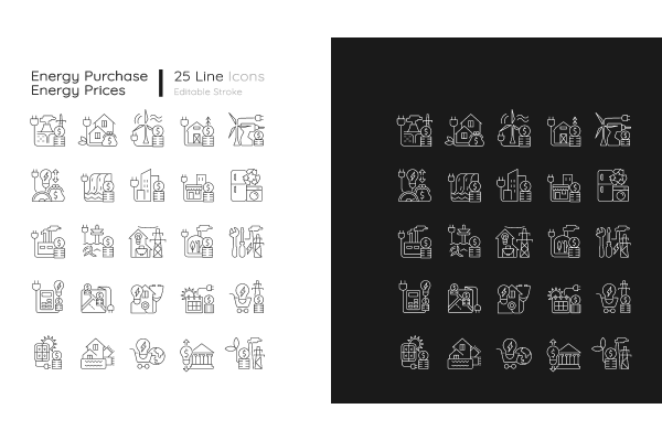 Energy purchase linear icons set for dark and light mode
