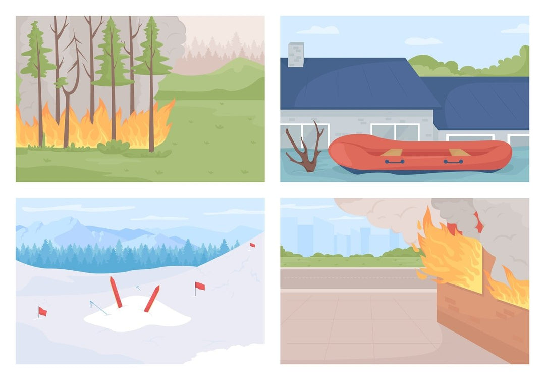 Environmental disasters flat color vector illustrations set