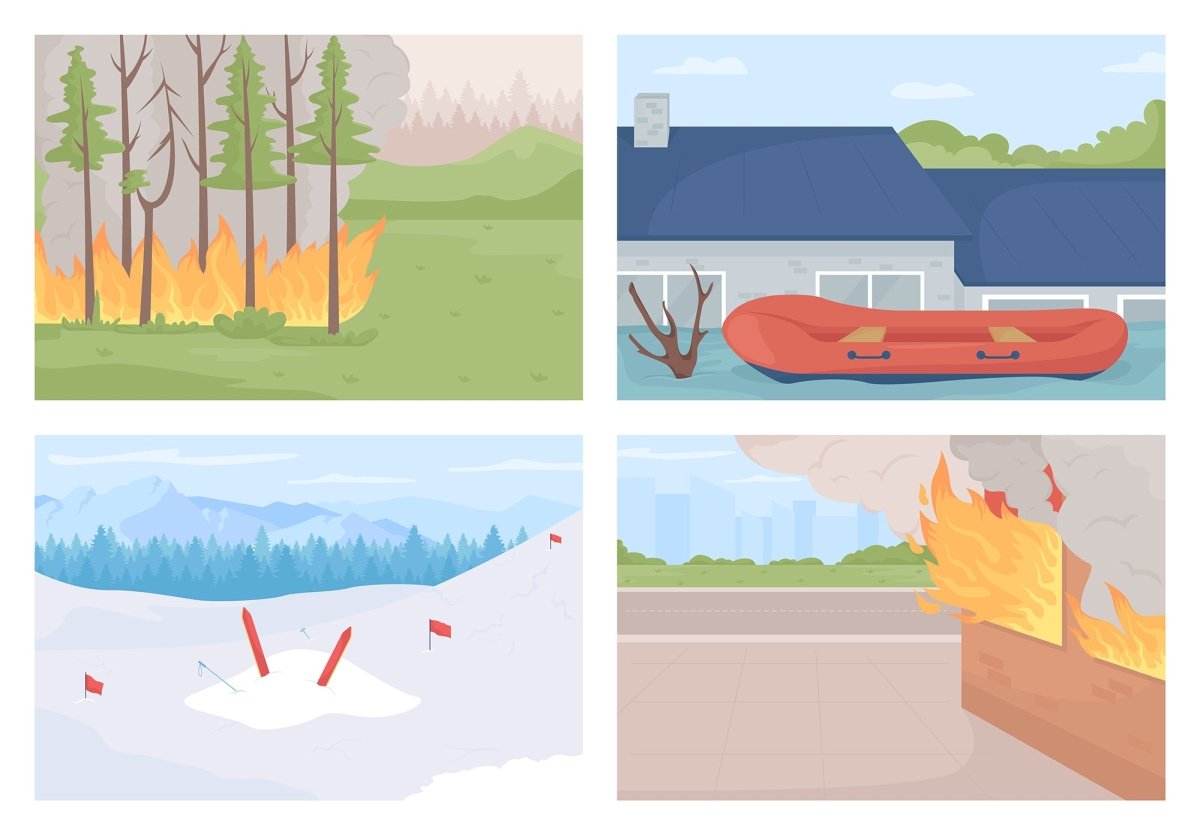 Environmental disasters flat color vector illustrations set