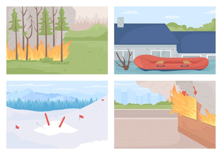 Environmental disasters flat color vector illustrations set
