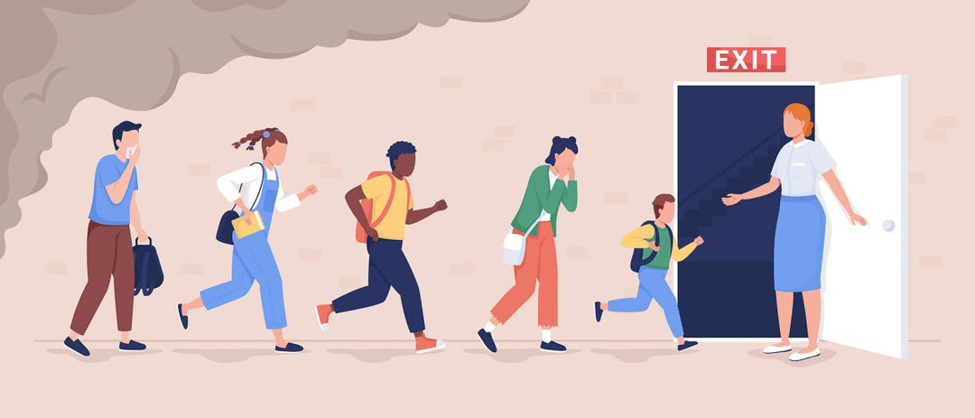 Evacuation from building color vector illustrations set