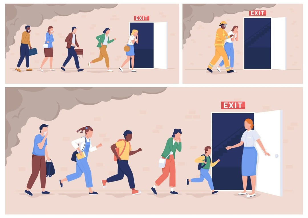Evacuation from building color vector illustrations set