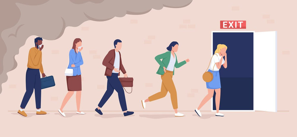 Evacuation from building color vector illustrations set