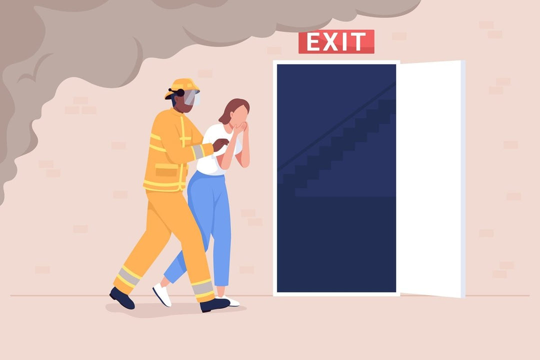 Evacuation from building color vector illustrations set