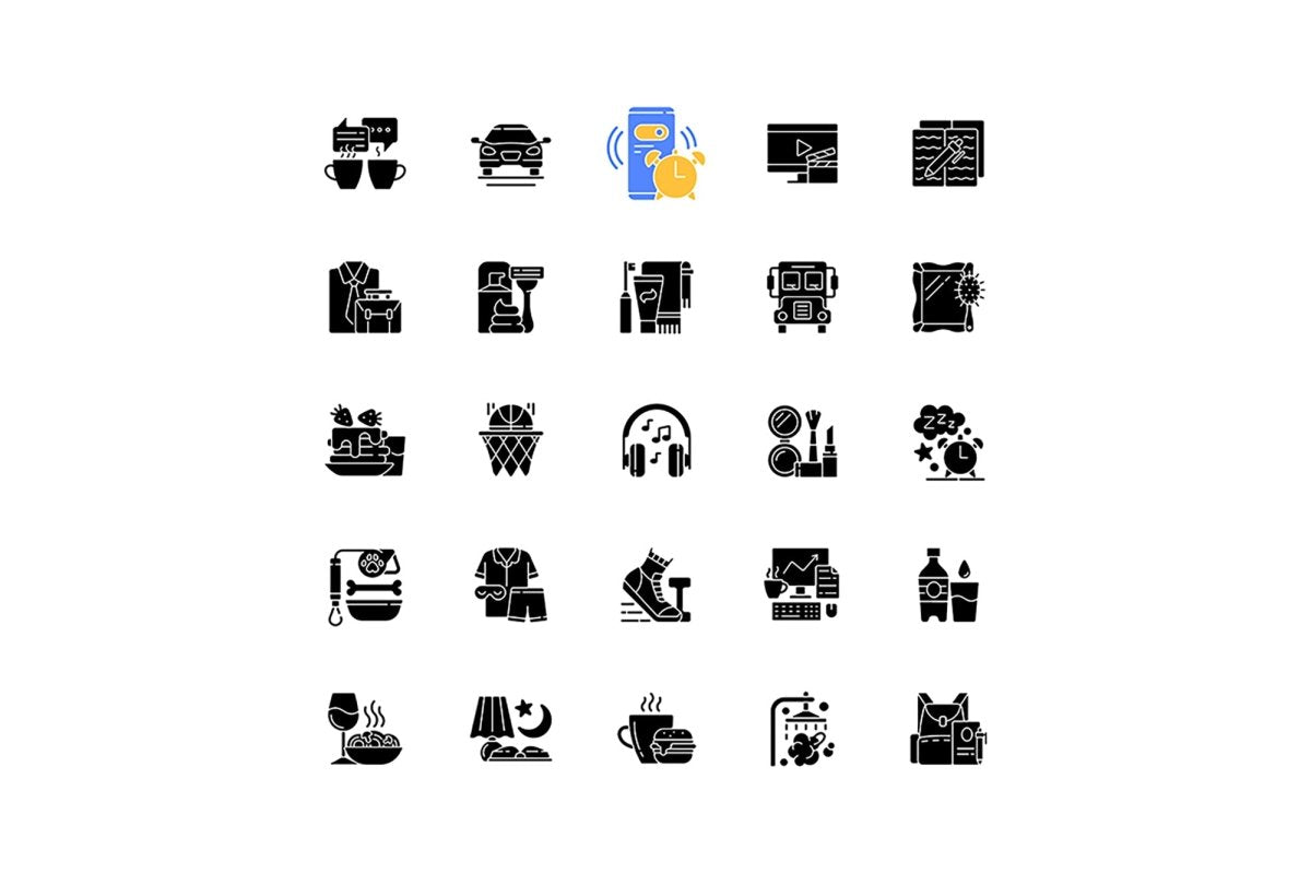 Everyday routine black glyph icons set on white space