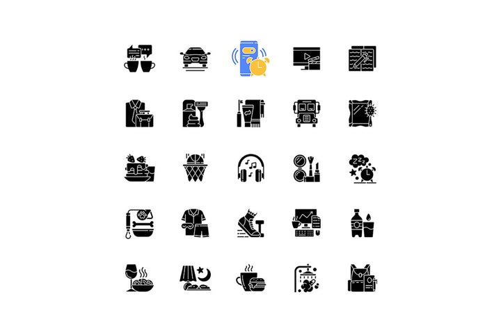 Everyday routine black glyph icons set on white space