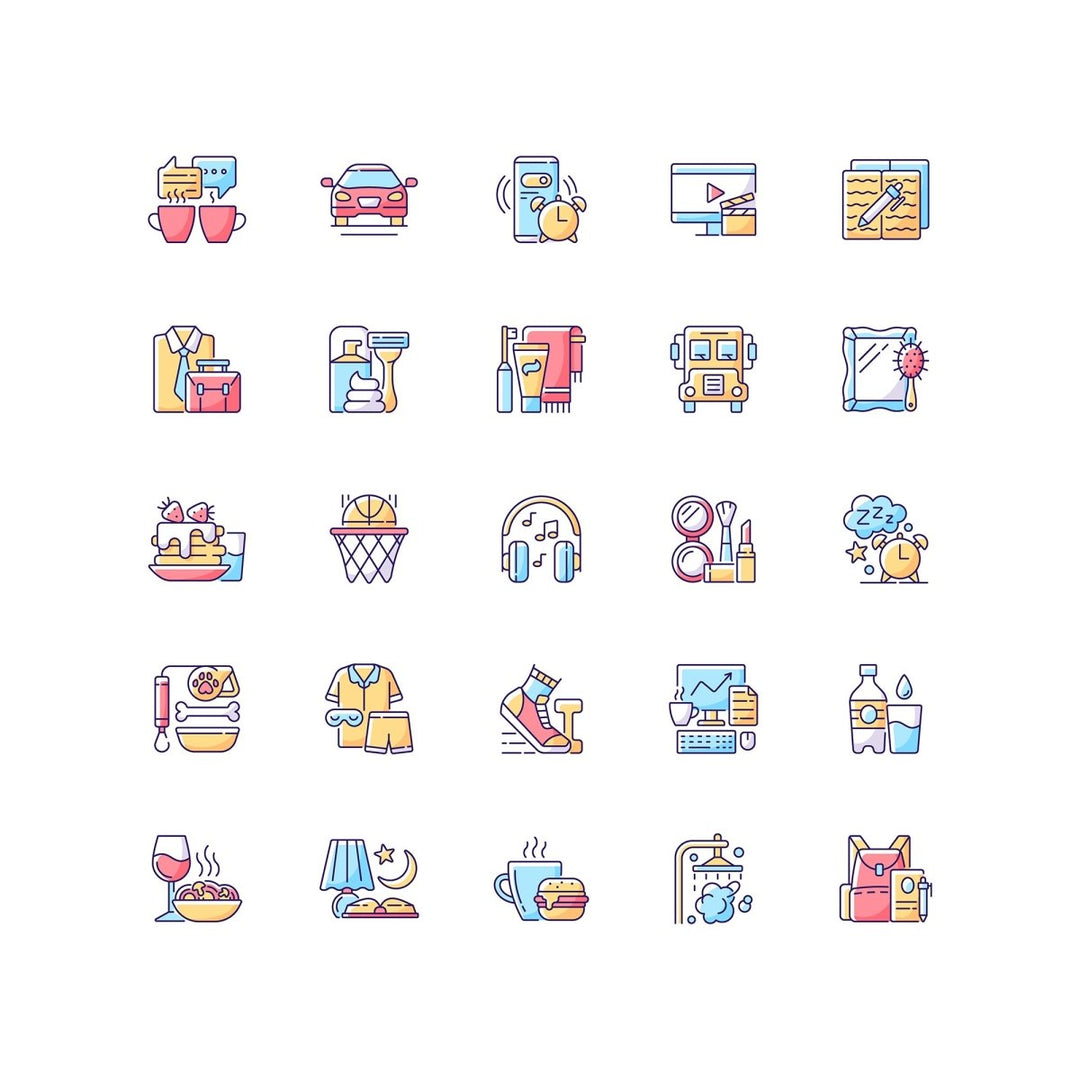 Everyday routine RGB color icons set