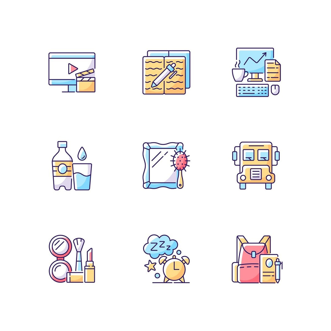 Everyday routine RGB color icons set