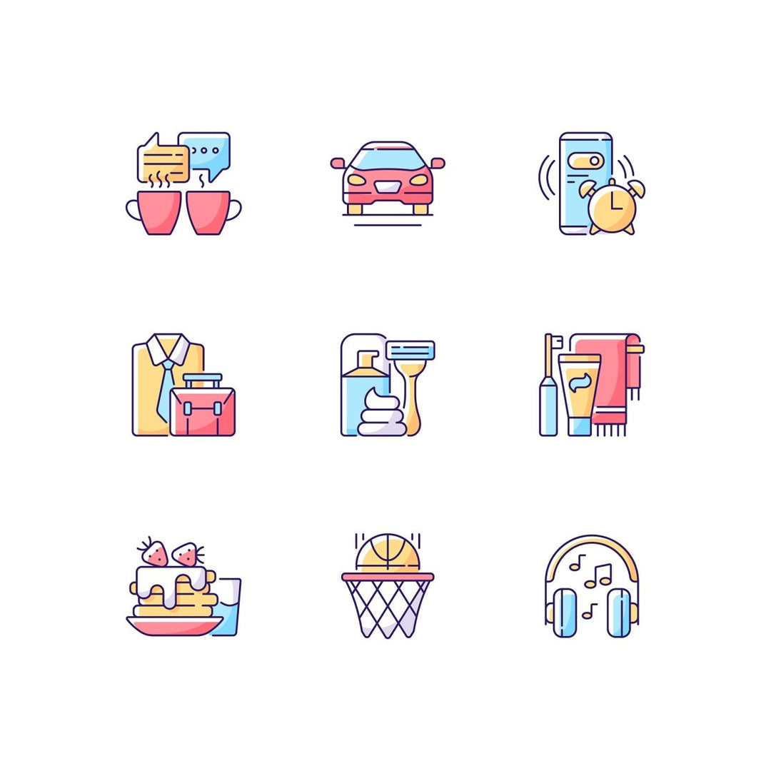 Everyday routine RGB color icons set