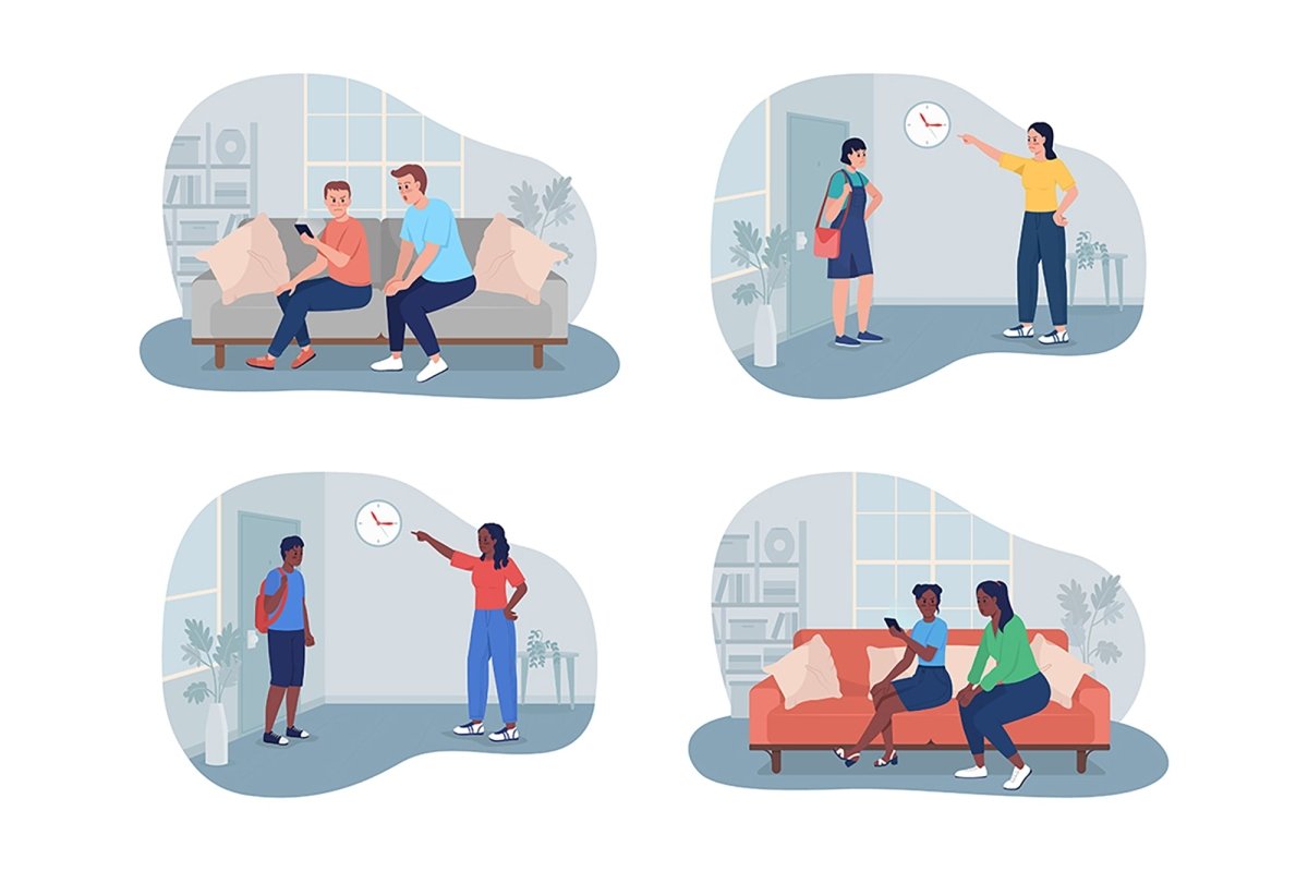 Excessive parental control 2D vector isolated illustration set