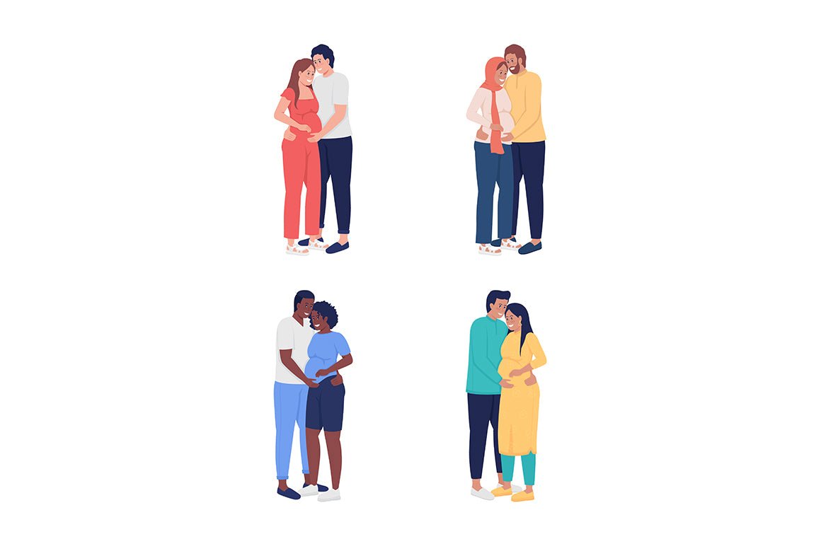 Expecting couple semi flat color vector character set