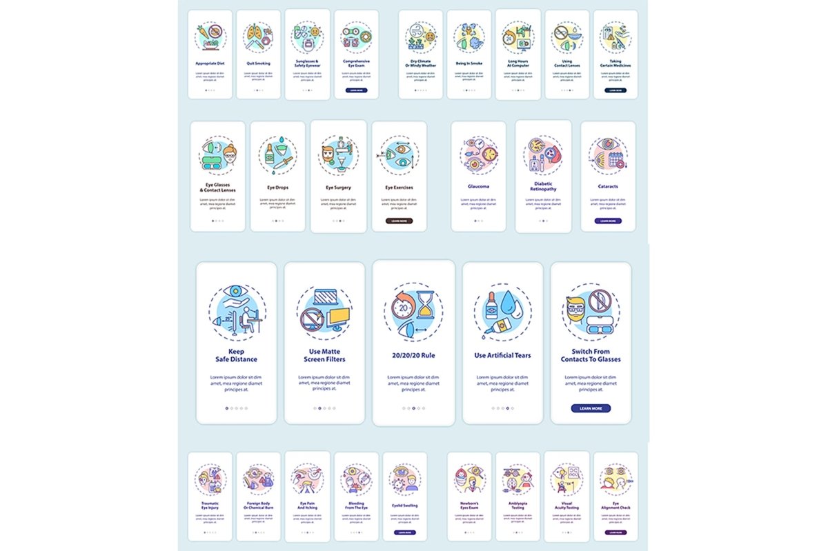 Eye health onboarding mobile app page set