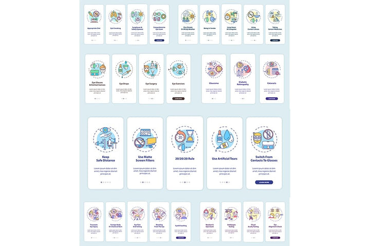 Eye health onboarding mobile app page set