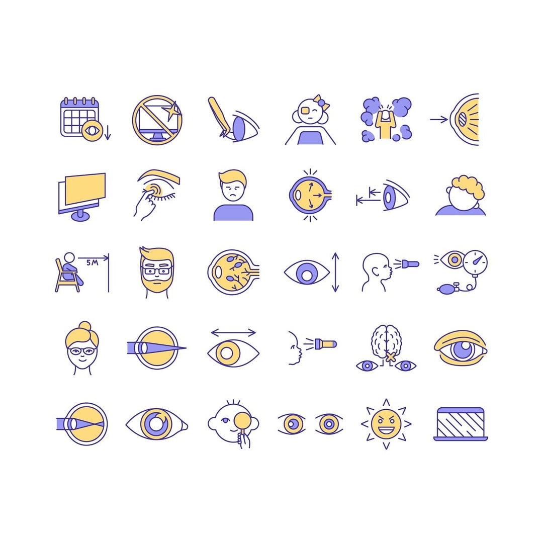 Eye health RGB color icons set
