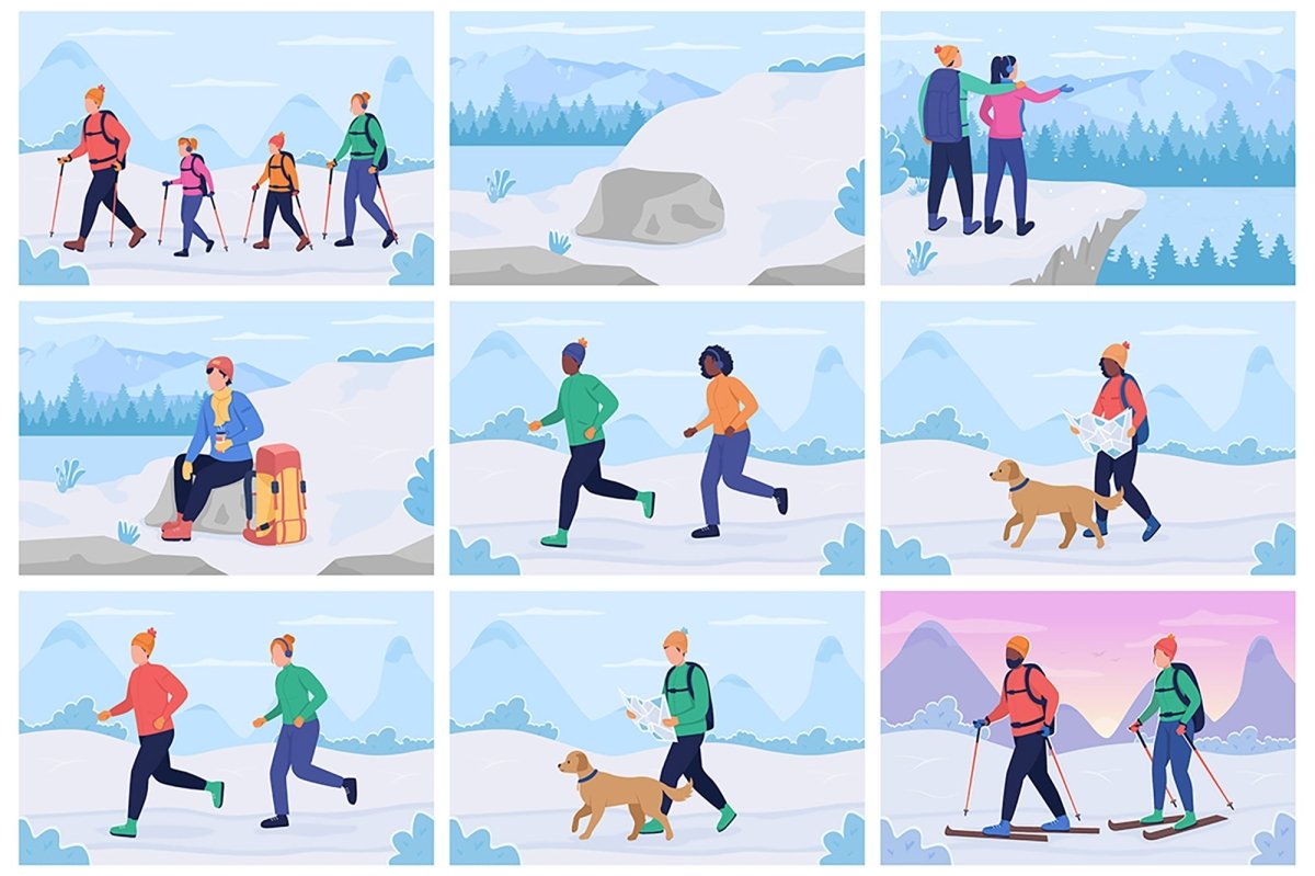 Family activity in winter flat color vector illustration set