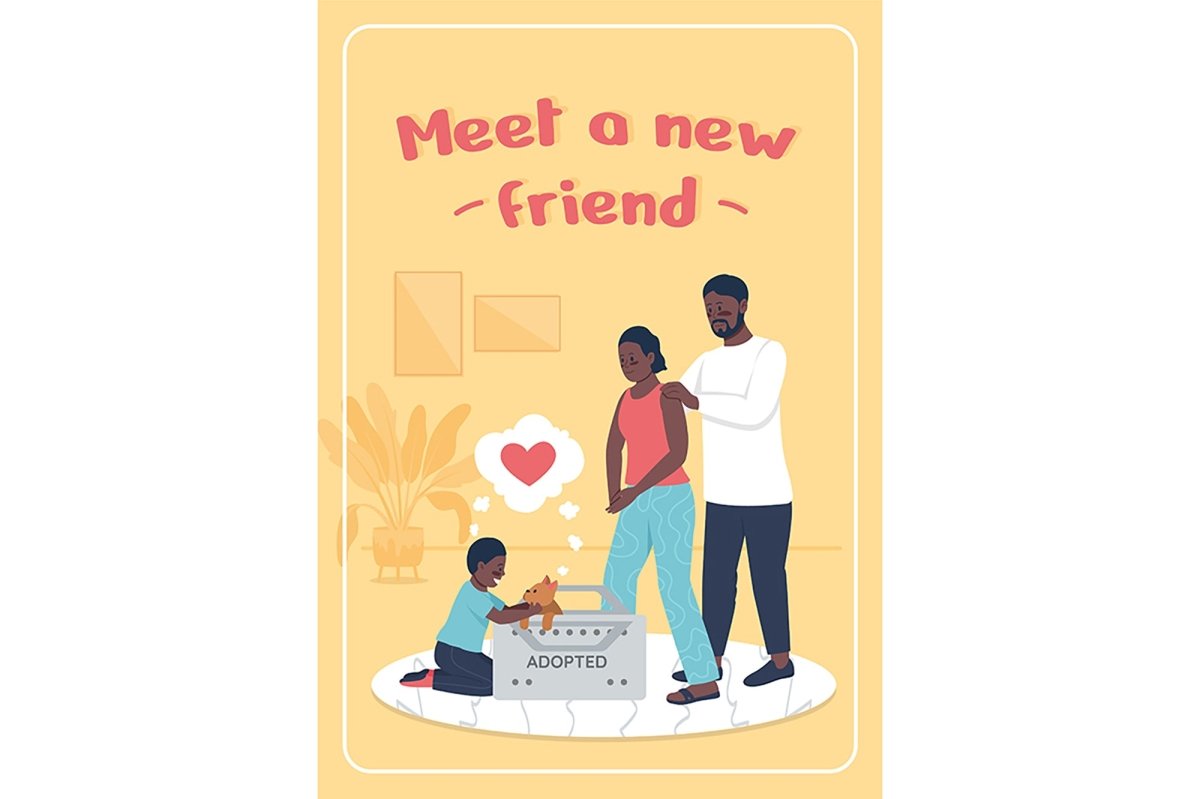 Family adopting dog poster flat vector template set