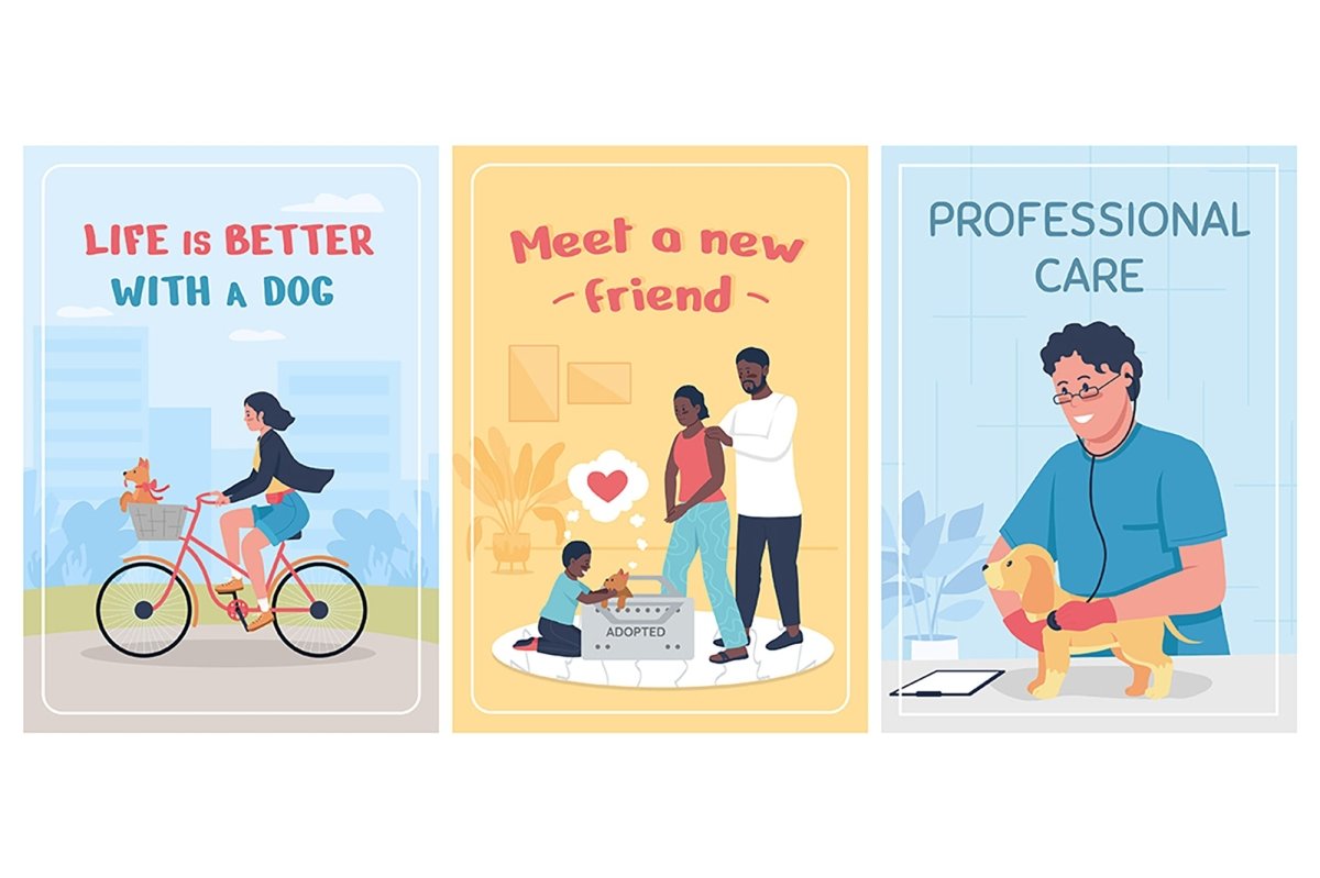 Family adopting dog poster flat vector templates