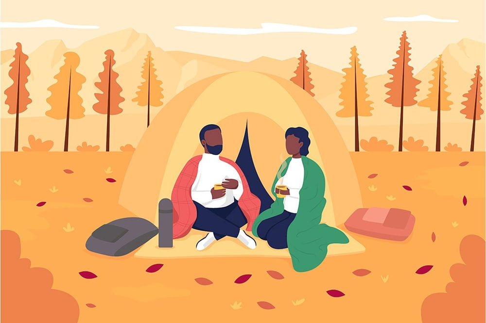 Family camping during fall flat color vector illustration set