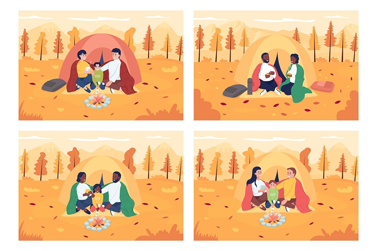 Family camping during fall flat color vector illustration set