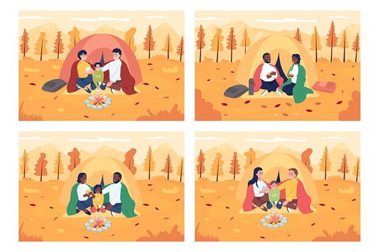 Family camping during fall flat color vector illustration set