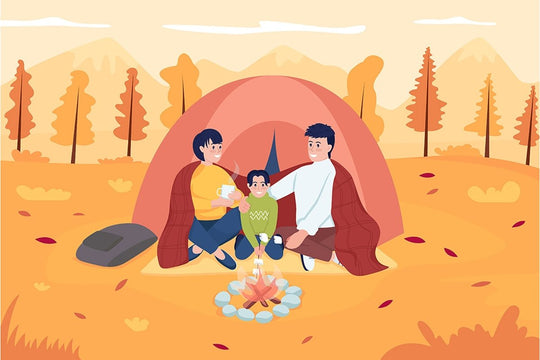 Family camping during fall flat color vector illustration set