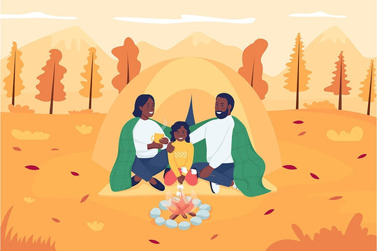 Family camping during fall flat color vector illustration set