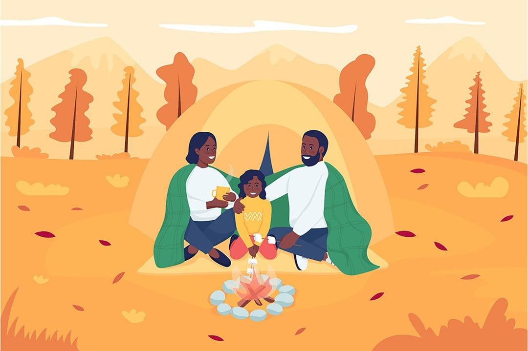 Family camping during fall flat color vector illustration set