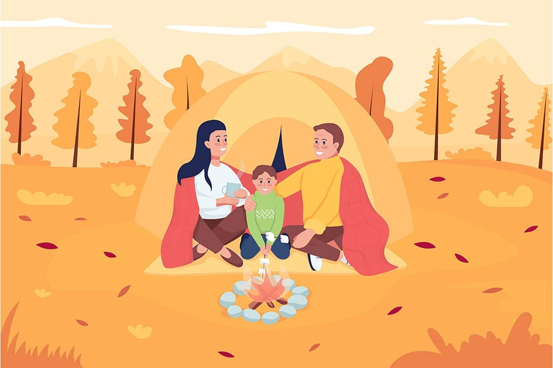 Family camping during fall flat color vector illustration set