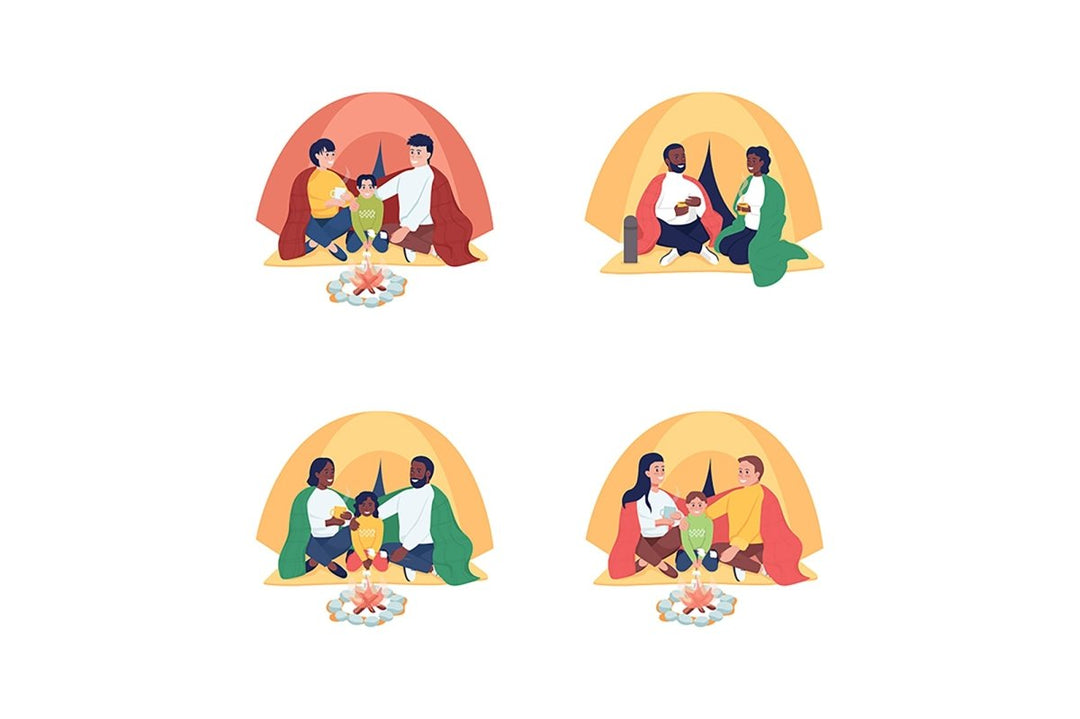 Family camping semi flat color vector characters set