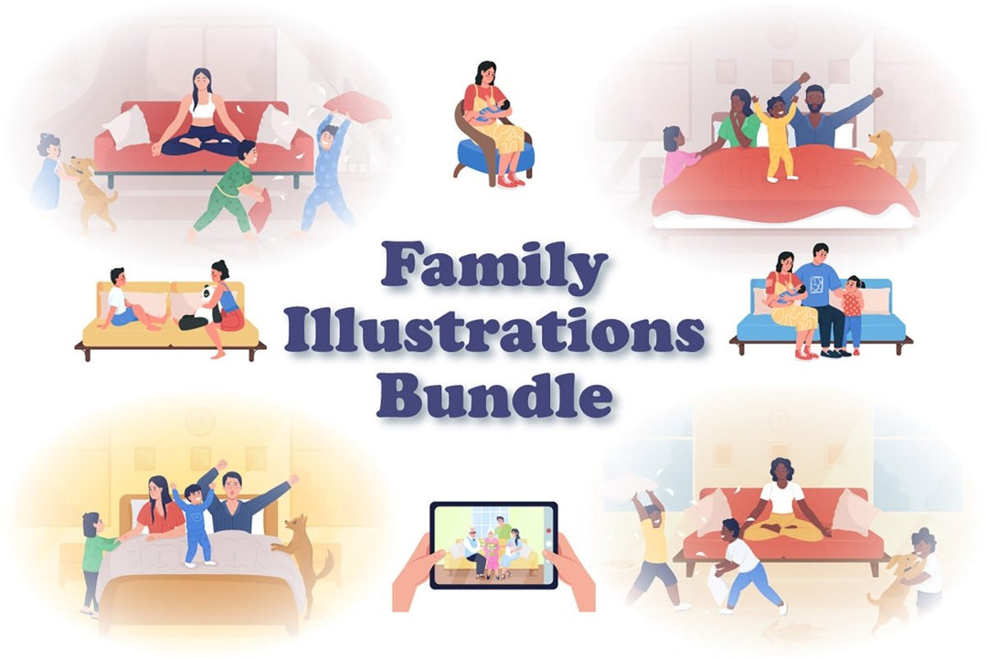 Family illustrations flat color vector bundle