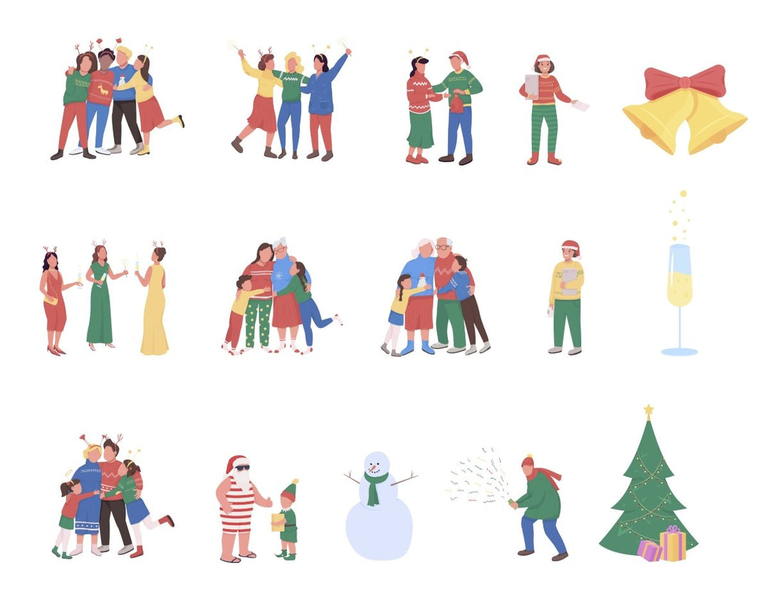 Family on Christmas semi flat color vector characters set