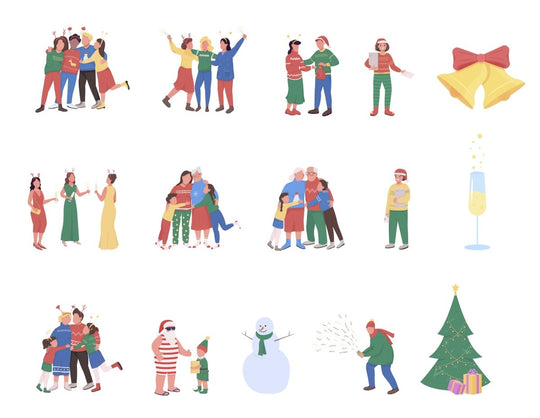 Family on Christmas semi flat color vector characters set