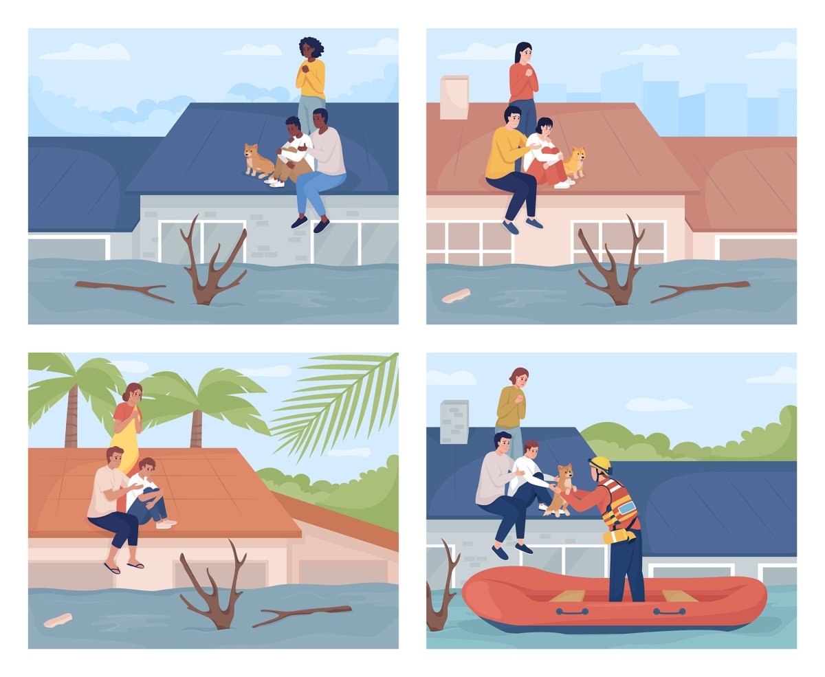 Family trapped on rooftop during flood flat color vector illustrations set