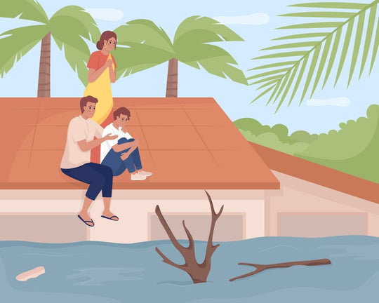 Family trapped on rooftop during flood flat color vector illustrations set