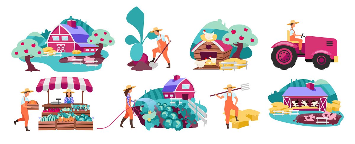 Farm flat vector illustrations set