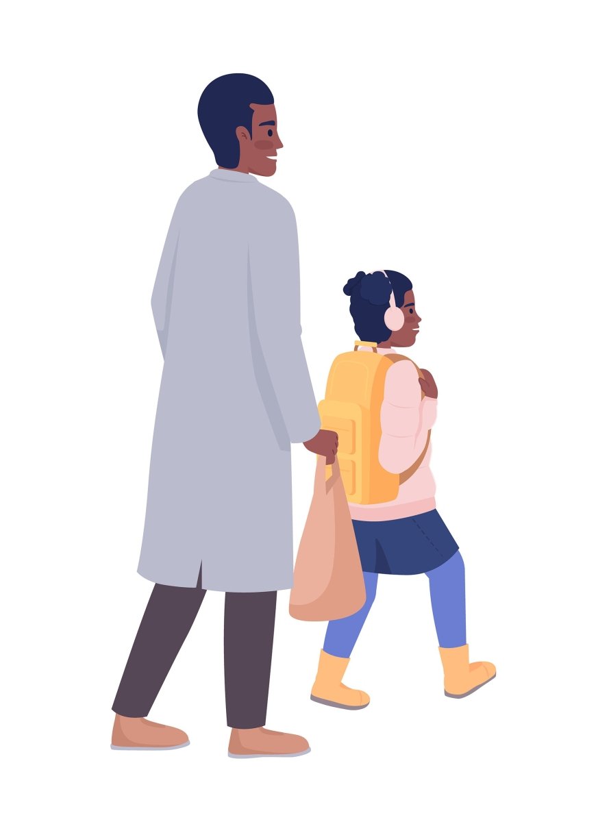 Father walking daughter to school semi flat color vector characters