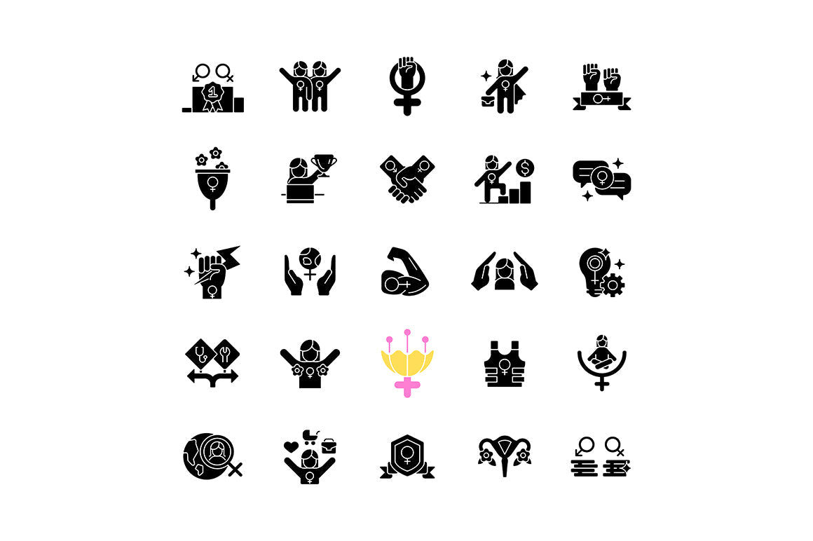 Feminism symbols black glyph icons set on white space
