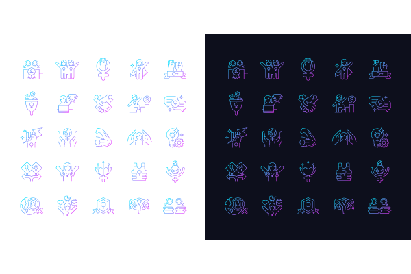 Feminism symbols gradient icons set for dark and light mode