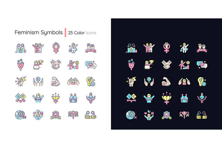 Feminism symbols light and dark theme RGB color icons set