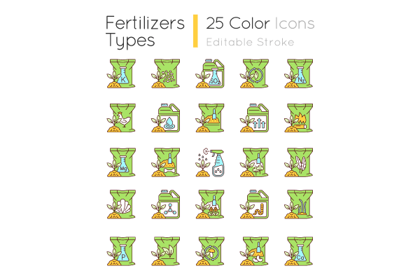 Fertilizers type RGB color icons set