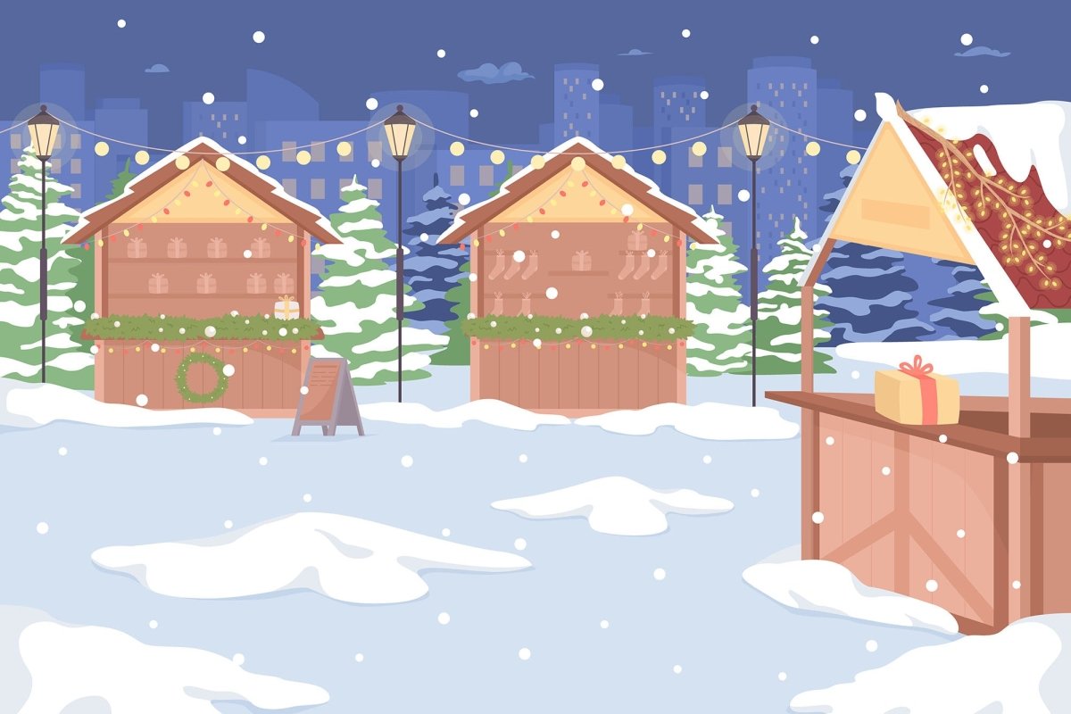 Festive winter holiday market flat color vector illustration