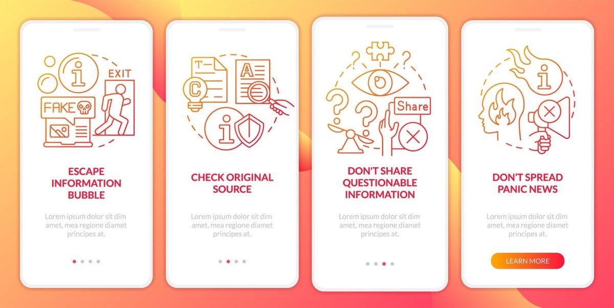 Fighting misinformation red gradient onboarding mobile app screen