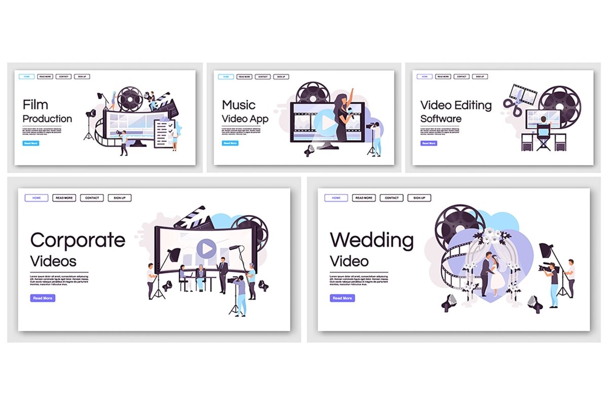 Film and video production landing page vector templates set