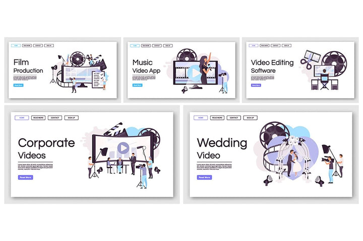 Film and video production landing page vector templates set