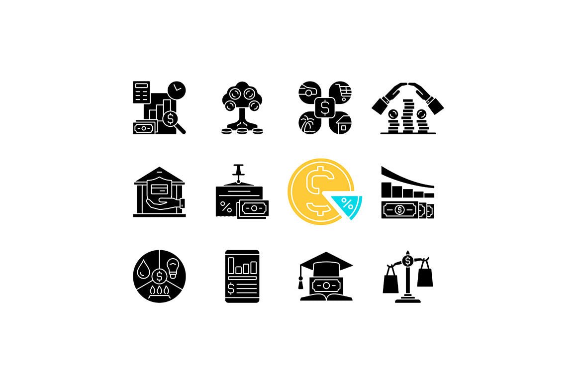 Financial literacy black glyph icons set on white space
