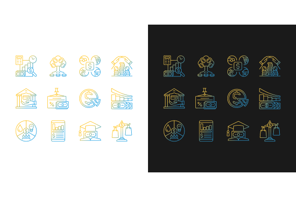 Financial literacy gradient icons set for dark and light mode