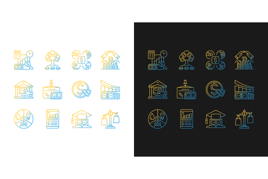 Financial literacy gradient icons set for dark and light mode