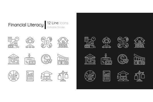 Financial literacy linear icons set for dark and light mode